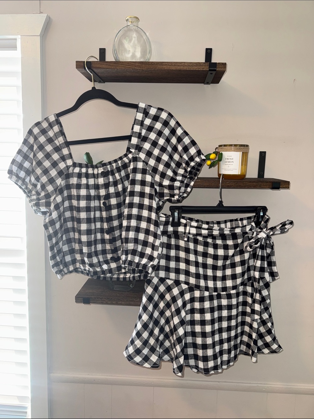 Black & White Gingham Two-Piece Set - Crop Top & Skort Size Medium
